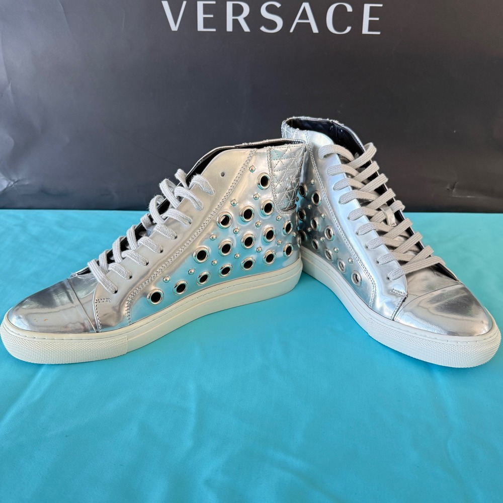 Versace Versus Men's Silver Riveted High Top‎ Leather Sneakers, 39 - Picture 9 of 15